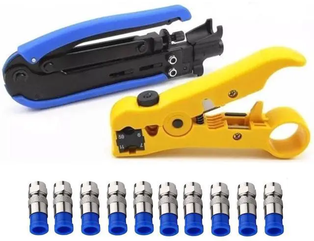 Main image of Coaxial Compression Tool Coax Cable Crimper Kit Adjustable rg6 rg59 rg11 75-5 75-7 Coaxial Cable Stripper with 10pcs RG6 F Compression Connectors - Blue