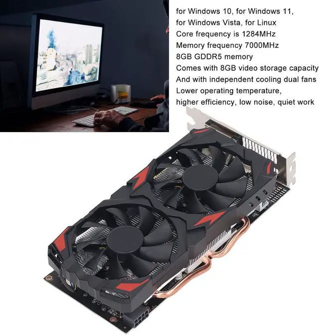 Alt view image 7 of 7 - RX580 8GB GDDR5 Graphics Card, 256Bit 1284MHz Core Frequency PCI Express 3.0 Gaming GPU with Cooling Fans, for PC
