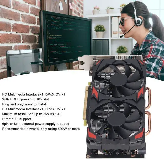 Alt view image 3 of 7 - RX580 8GB GDDR5 Graphics Card, 256Bit 1284MHz Core Frequency PCI Express 3.0 Gaming GPU with Cooling Fans, for PC