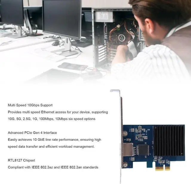 Alt view image 6 of 7 - PCIe Network Card, 10Gbps 5Gbps 2.5Gbps Gigabit Ethernet Adapter, PCI Express 4.0 x1, with RTL8127 Chipset, for Server Desktop, Cat5e Cable