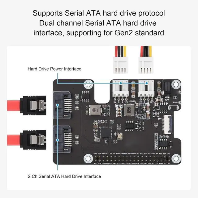Alt view image 3 of 7 - PCIe to 2Ch SATA Adapter, Onboard Dual LED Indicators and EEPROM, Compatible with SATA Hard Drive Protocol Compatible with RPi 5