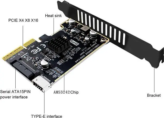 Alt view image 2 of 7 - PCIe Expansion Card for Desktop PC, USB3.2GEN2 x2 20Gbps, PCIE X4 X8 X16, PCI Expree to USB Expansion Card