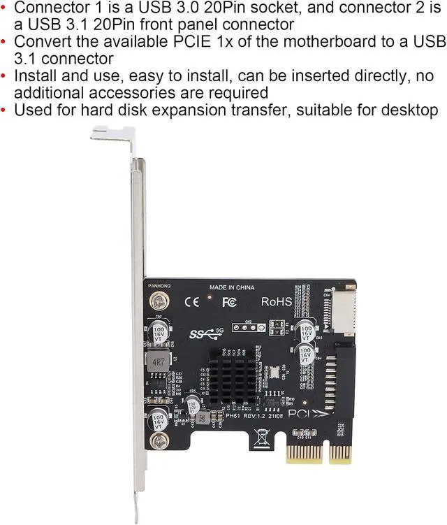 Alt view image 3 of 7 - Hard Disk Expansion Transfer PCIE 1x to USB 3.1 Adapter Card, Connector 1: USB 3.0 20Pin Socket, Connector 2: USB 3.1 20Pin Front Panel Connector
