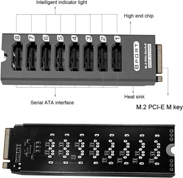 Alt view image 6 of 7 - M.2 to Serial ATA 3.0 Adapter, 8 Port SATA Expansion Card, PCIe 3.0 x2 16Gbps to SATA III 6Gbps Converter, ASM1166 Chip, Aluminum Heatsink, Plug and Play
