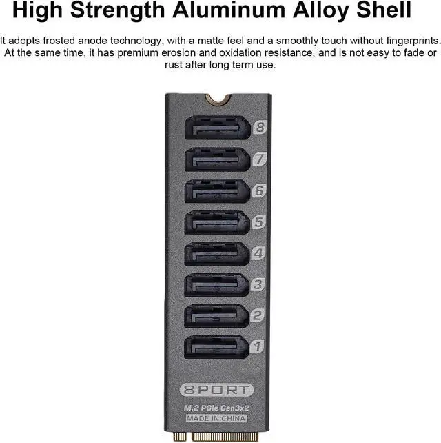 Alt view image 4 of 7 - M.2 to Serial ATA 3.0 Adapter, 8 Port SATA Expansion Card, PCIe 3.0 x2 16Gbps to SATA III 6Gbps Converter, ASM1166 Chip, Aluminum Heatsink, Plug and Play
