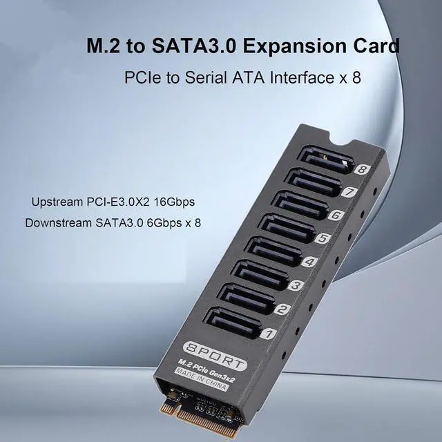 Alt view image 7 of 7 - M.2 to Serial ATA 3.0 Adapter, 8 Port SATA Expansion Card, PCIe 3.0 x2 16Gbps to SATA III 6Gbps Converter, ASM1166 Chip, Aluminum Heatsink, Plug and Play