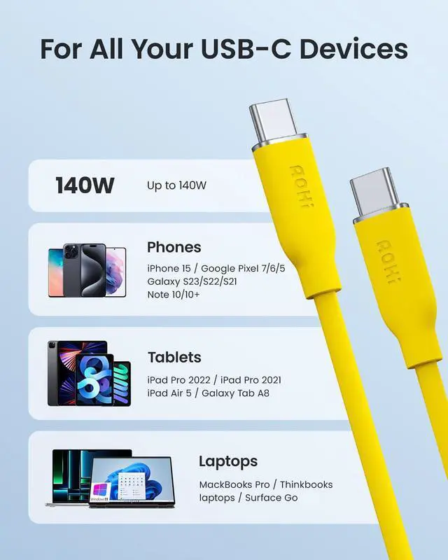 Alt view image 3 of 7 - 140W USB C to USB C Cable PD 3.1 Type C Fast Charging Cable Fast Charge for MacBook Pro, iPhone 15 Pro Max Plus, iPad Pro/Air, Galaxy S23Ultra, Pixel, Switch, 3.3ft, Yellow