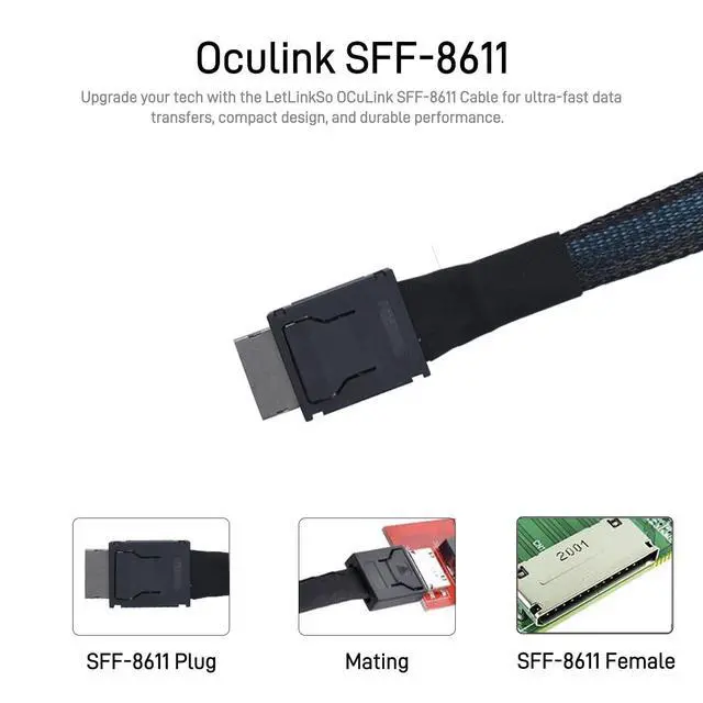 Alt view image 4 of 4 - Cable PCIe 4.0 SFF-8611 4i Male Extension Cable for Oculink eGPU onexGPU Mini PC SSD, 3.3 feet (100 cm)