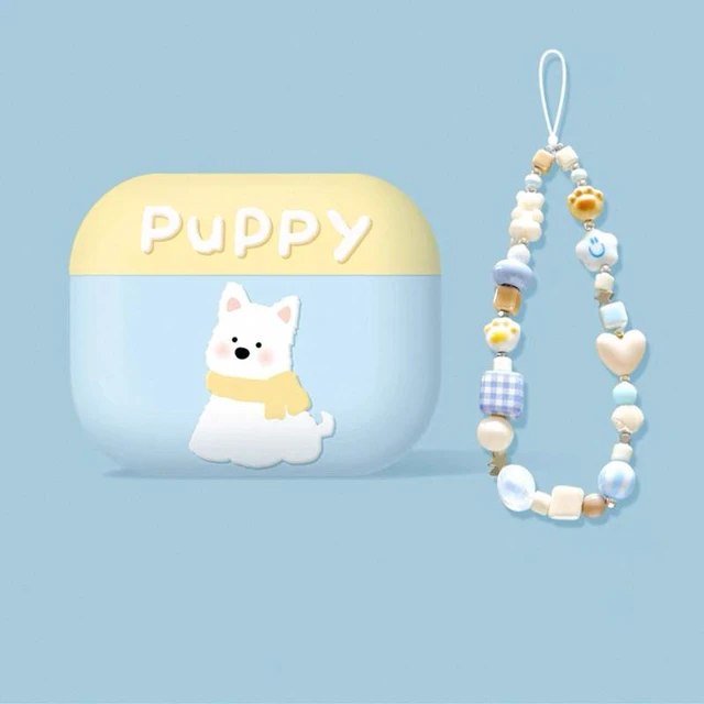 Main image of Cute 3D Bow Earphone Case Compatible with Apple AirPods 4 / Pro 3 / Pro 2 / Pro / 3 / 2 / 1, Clear Shockproof Protective Cover with Ring Lanyard, Pink Blue puppy with blue bear paw hanger cord