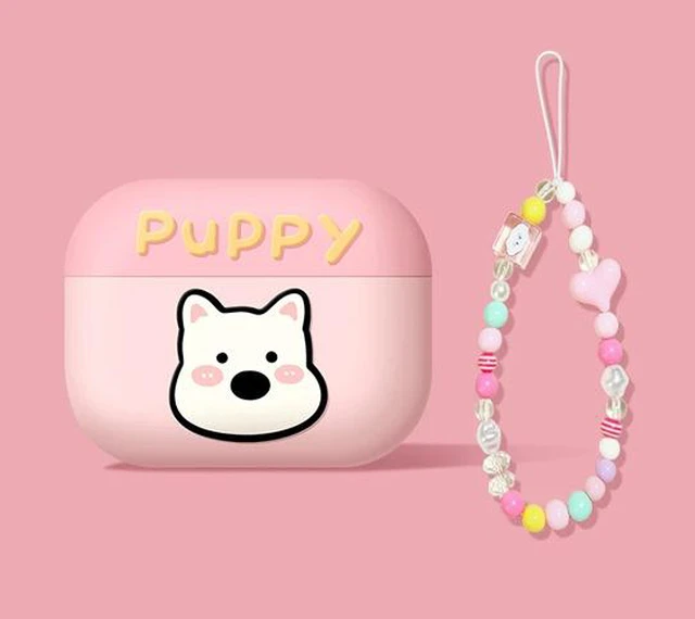 Main image of Cute 3D Bow Earphone Case Compatible with Apple AirPods 4 / Pro 3 / Pro 2 / Pro / 3 / 2 / 1, Clear Shockproof Protective Cover with Ring Lanyard, Pink Pink puppy with a leash