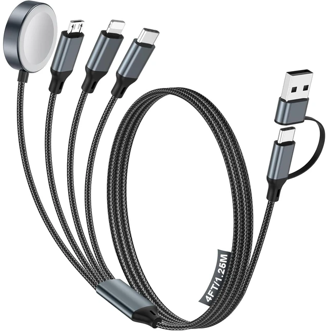 Main image of 4-in-1 Charging Cable with Apple Watch Wireless Charger USB-A & USB-C Dual Input, Micro-USB / Lightning / USB-C Output, 4FT 1.25M Nylon Braided Data Cord for Phone Watch Tablet black-1.2