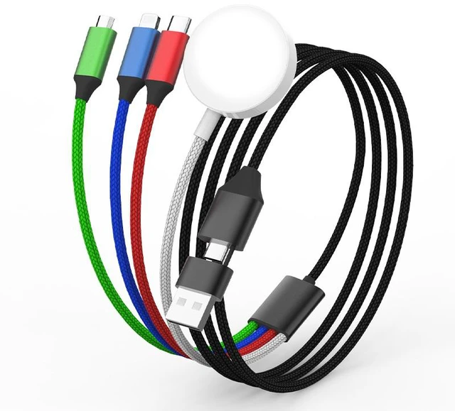 Alt view image 4 of 4 - 4-in-1 Charging Cable with Apple Watch Wireless Charger USB-A & USB-C Dual Input, Micro-USB / Lightning / USB-C Output, 4FT 1.25M Nylon Braided Data Cord for Phone Watch Tablet black-1.2