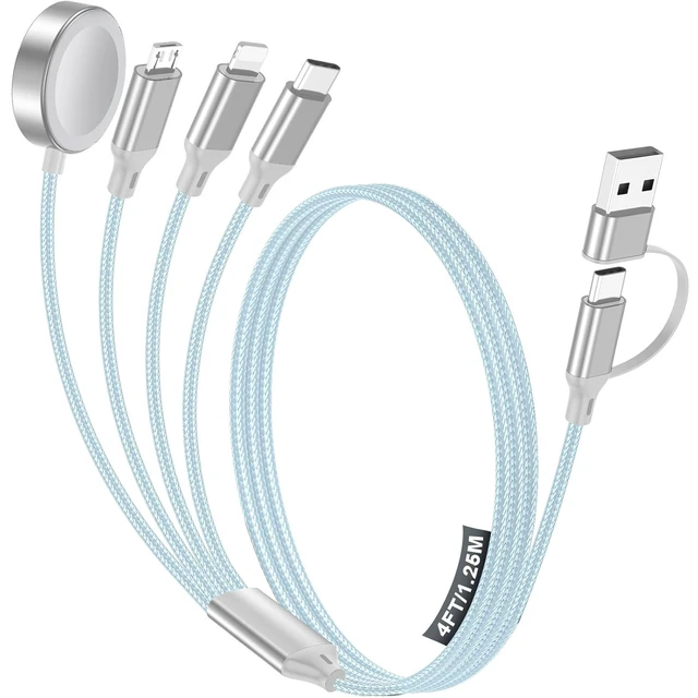 Alt view image 3 of 4 - 4-in-1 Charging Cable with Apple Watch Wireless Charger USB-A & USB-C Dual Input, Micro-USB / Lightning / USB-C Output, 4FT 1.25M Nylon Braided Data Cord for Phone Watch Tablet black-1.5