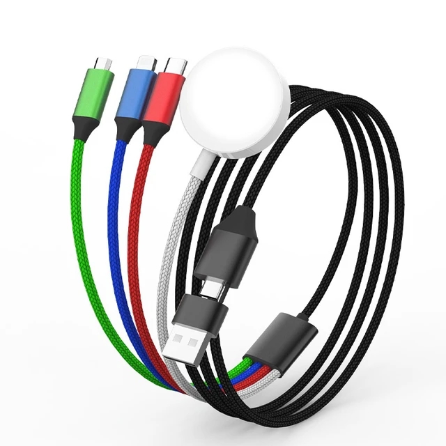 Alt view image 4 of 4 - 4-in-1 Charging Cable with Apple Watch Wireless Charger USB-A & USB-C Dual Input, Micro-USB / Lightning / USB-C Output, 4FT 1.25M Nylon Braided Data Cord for Phone Watch Tablet black-1.5