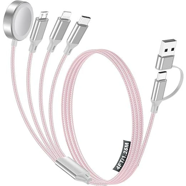 Main image of 4-in-1 Charging Cable with Apple Watch Wireless Charger USB-A & USB-C Dual Input, Micro-USB / Lightning / USB-C Output, 4FT 1.25M Nylon Braided Data Cord for Phone Watch Tablet pink-1.5