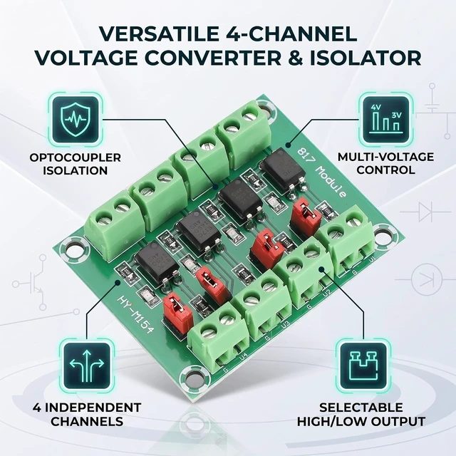 Alt view image 5 of 7 - 4 Channel Voltage Converter Optocoupler Isolated Board Adapter Module
3.3V/5V to 3.6V/24V, Strong Anti-interference, for Isolation Control and Voltage Conversion-10pcs