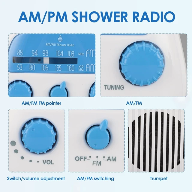 Alt view image 2 of 7 - waterproof hanging shower radio, built-in speaker, rotating knob
AM/FM bands, AM 5301605 kHz, FM 88108 MHz, ABS housing, portable design,for Bathroom,Easy Tuning,Volume Control