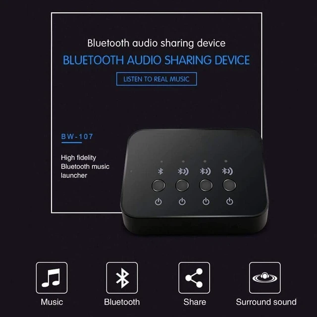 Alt view image 3 of 7 - Bluetooth 4.0 Audio Sharer Adapter, 3.5mm Stereo Music Sharing Device
1 in 3 Out, Wired and Wireless Connection Modes