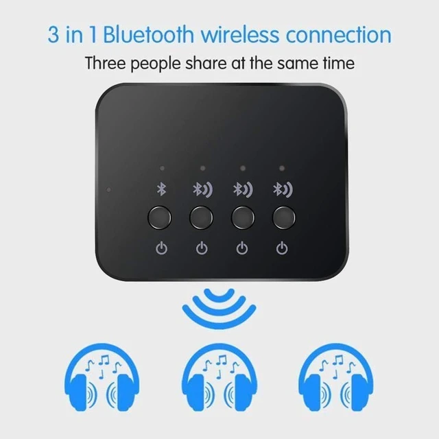 Alt view image 4 of 7 - Bluetooth 4.0 Audio Sharer Adapter, 3.5mm Stereo Music Sharing Device
1 in 3 Out, Wired and Wireless Connection Modes