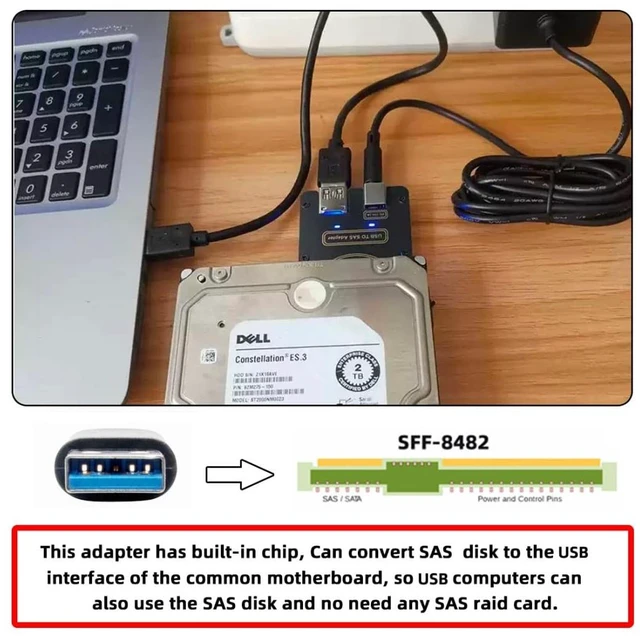 Alt view image 6 of 6 - chenyang USB 3.0 to SAS Adapter for 2.5/3.5" SFF-8482 SAS Hard Disks to USB Converter Adapter with Power Supply (Need Power Supply to Work) without Power Supply
