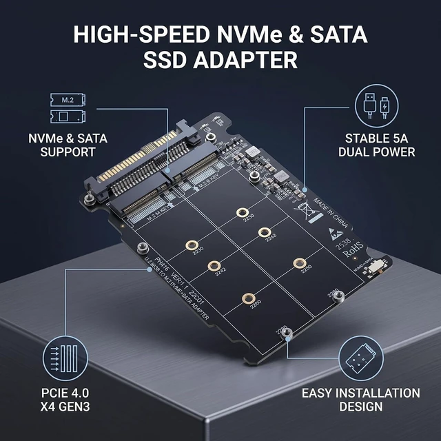 Alt view image 6 of 7 - M Key to M.2 NVMe SSD Enclosure, 2.5 Inch Hard Disk Box, PCIe 4.0 x4 SATA 6G U.2 SFF8639, Easy Installation, PH416BOX
