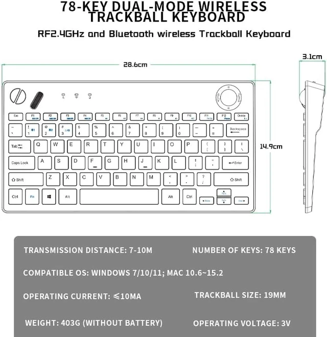 Alt view image 3 of 7 - 78 Keys Dual Mode Wireless Trackball Keyboard, Bluetooth 5.0 & 2.4G Wireless Keyboard with 19mm Trackball for Windows Mac iOS Android Computer Tablet Desktop