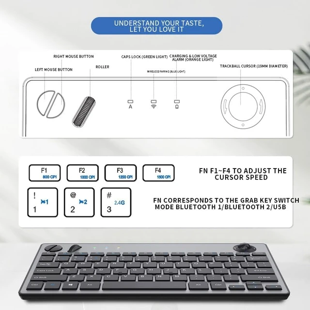 Alt view image 5 of 7 - 78 Keys Dual Mode Wireless Trackball Keyboard, Bluetooth 5.0 & 2.4G Wireless Keyboard with 19mm Trackball for Windows Mac iOS Android Computer Tablet Desktop