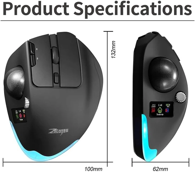 Alt view image 4 of 7 - Wireless Mouse 2.4GHz + Bluetooth Dual Mode Connection, 8 Programmable Buttons, 8000 CPI Adjustable, Trackball Design, with Display Screen, Ergonomic Tilt Angle, For Windows, macOS, Android, Linux