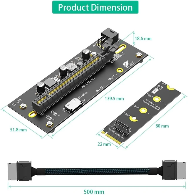 Alt view image 2 of 7 - HLT M.2 M-Key to PCI-e 4.0 X16 External Graphics Card Expansion Card with Oculink SFF-8612/8611, 50cm Extension Cable Included, ATX 6Pin Compatible with 2242/2260/2280