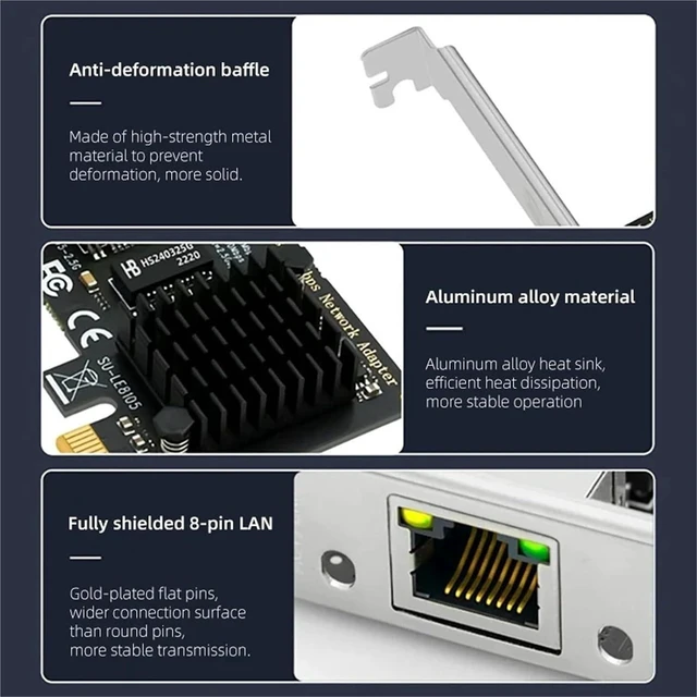 Alt view image 2 of 5 - 2.5G PCI-E to RJ45 RTL8125B Chip Network Card Gigabit Ethernet PCI Express Network Card 10/100/2500Mbps Adapter for PC Win 10/11