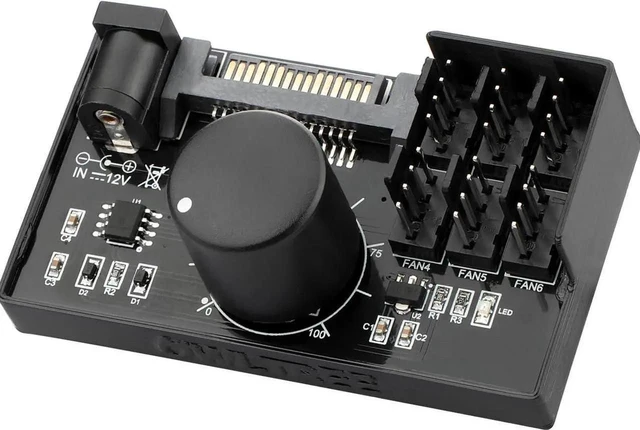 Main image of 6Port 4Pin PWM Fan Controller Hub, Manual Knob PC Fan Speed Regulator, SATA & DC 5525 Dual Power Input, 12V Max 5A 60W Output for Desktop PC Case Cooling Fans