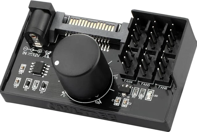 Alt view image 6 of 6 - 6Port 4Pin PWM Fan Controller Hub, Manual Knob PC Fan Speed Regulator, SATA & DC 5525 Dual Power Input, 12V Max 5A 60W Output for Desktop PC Case Cooling Fans