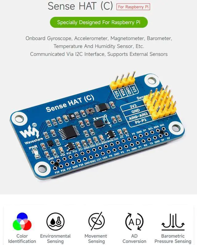 Alt view image 2 of 7 - for Raspberry Pi 4B/3B+/3B/2B/B+/A+/Zero/Zero W/Zero 2W, Sense HAT (C) Onboard Gyroscope, Accelerometer, Magnetometer, Barometer, Temperature, Humidity Sensor, Supports External Sensors