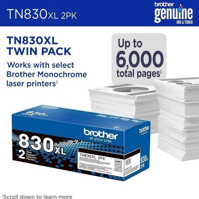 Alt view image 3 of 7 - Brother Genuine TN830XL 2-Pack Black High-Yield Toner Cartridge, Up to 3,000 Pages Each (6,000 Total) Bundle with Deco Essentials Printer eBook for MFC-L2820DW, MFC-L2900DW, HL-L2460DW, HL-L2420DW