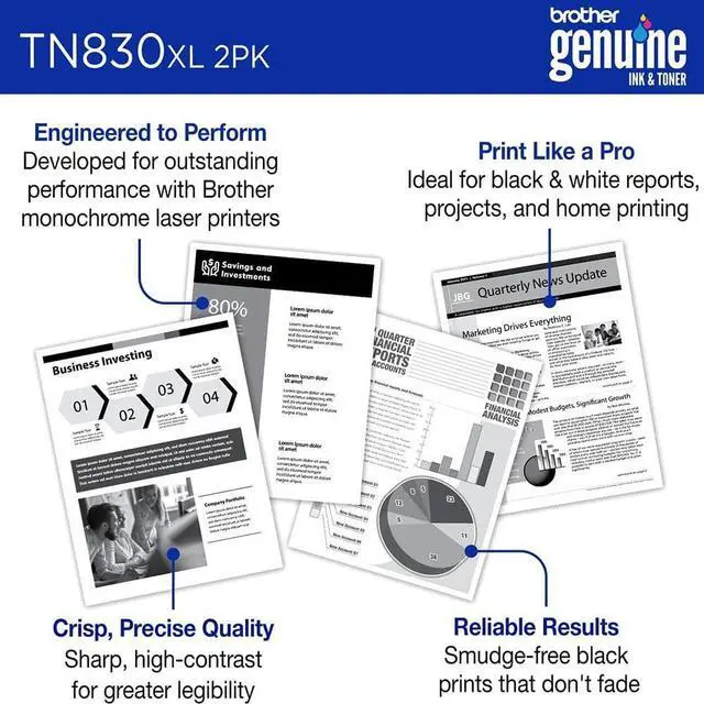 Alt view image 4 of 7 - Brother Genuine TN830XL 2-Pack Black High-Yield Toner Cartridge, Up to 3,000 Pages Each (6,000 Total) Bundle with Deco Essentials Printer eBook for MFC-L2820DW, MFC-L2900DW, HL-L2460DW, HL-L2420DW