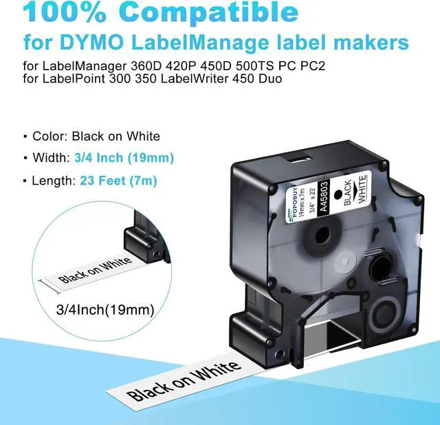 Alt view image 2 of 6 - 40 Pack Compatible for DYMO D1 Label Maker Refills A45803 S0720830 Black on White Label Tape 45803, 3/4 Inch x 23 Ft, for LabelManager 360D 420P 450D 500TS Label Writer 450 Duo Label Printer
