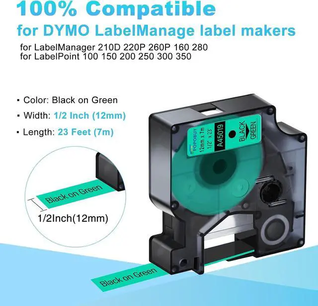 Alt view image 2 of 6 - 40 Pack Compatible for DYMO D1 Label Maker Refills A45019 S0720590 Black on Green Label Tape 45019, 1/2 Inch x 23 Ft, for LabelManager 210D 220P 260P 160 280 420P 360D 450 COLORPOP PnP LP250