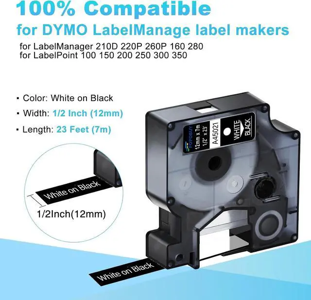 Alt view image 2 of 6 - 40 Pack Compatible for DYMO D1 Label Maker Refills A45021 S0720610 White on Black Label Tape 45021, 1/2 Inch x 23 Ft, for LabelManager 210D 220P 260P 160 280 420P 360D 450 COLORPOP PnP LP250