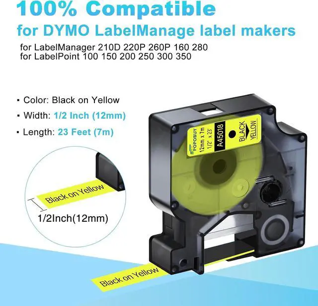 Alt view image 2 of 6 - 40 Pack Compatible for DYMO D1 Label Maker Refills A45018 S0720580 Black on Yellow Label Tape 45018, 1/2 Inch x 23 Ft, for LabelManager 210D 220P 260P 160 280 420P 360D 450 COLORPOP PnP LP250