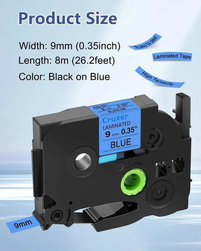 Alt view image 2 of 6 - Cruxer 40 Pack Replacement for P-Touch TZe-521 TZ-521 Label Tape Black Text on Blue Laminated 9mm 0.35" Compatible with Ptouch PT-D200 PT-D210 PT-D400 PT-D450 PT-D600 PT-H100 PT-1230PC Label Maker