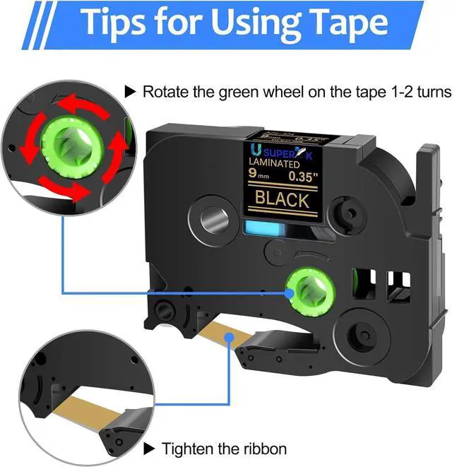 Alt view image 3 of 6 - 40 Pack 9mm 0.35 Laminated Black Tape Compatible for Brother P Touch Label Maker Tape TZe-324 9mm Gold on Black TZe324 TZ-324 3/8 Inch TZe TZ Label for PT-D210 D200 D220 H100 H110 D400