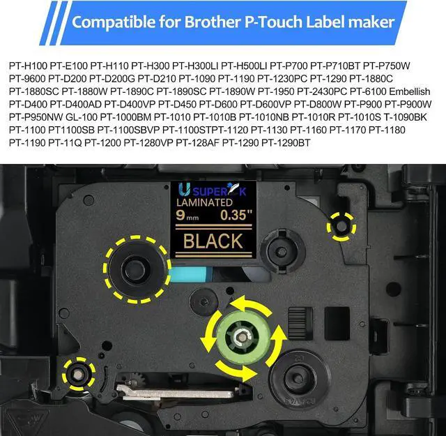 Alt view image 5 of 6 - 40 Pack 9mm 0.35 Laminated Black Tape Compatible for Brother P Touch Label Maker Tape TZe-324 9mm Gold on Black TZe324 TZ-324 3/8 Inch TZe TZ Label for PT-D210 D200 D220 H100 H110 D400