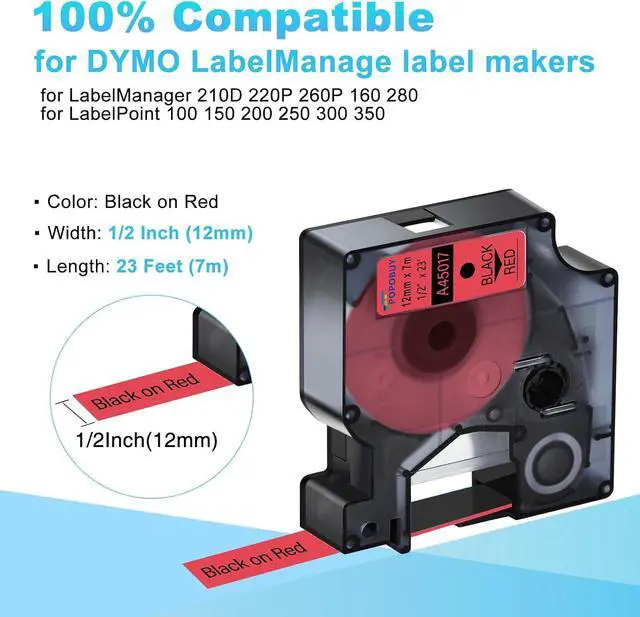 Alt view image 2 of 6 - 40 Pack Compatible for DYMO D1 Label Maker Refills A45017 S0720570 Black on Red Label Tape 45017, 1/2 Inch x 23 Ft, for LabelManager 210D 220P 260P 160 280 420P 360D 450 COLORPOP PnP LP250