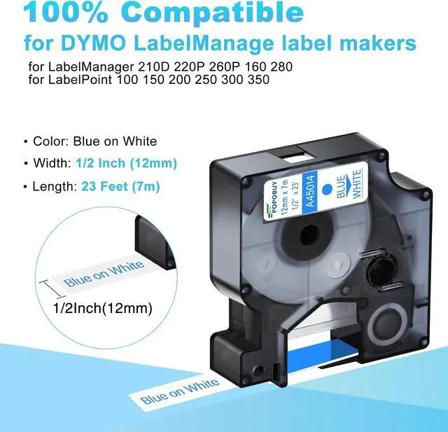 Alt view image 2 of 6 - 40 Pack Compatible for DYMO D1 Label Maker Refills A45014 S0720540 Blue on White Label Tape 45014, 1/2 Inch x 23 Ft, for LabelManager 210D 220P 260P 160 280 420P 360D 450 COLORPOP PnP LP250
