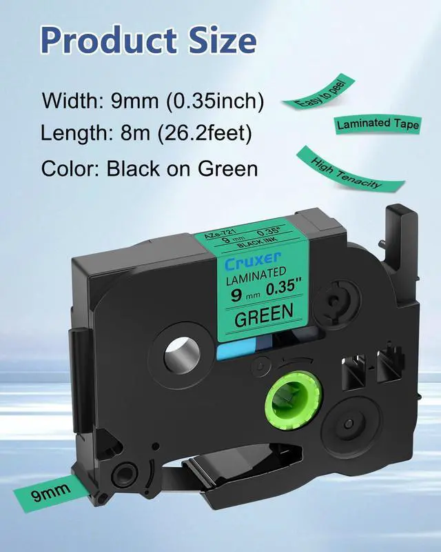 Alt view image 2 of 7 - Cruxer 40 Pack Replacement for P-Touch TZe-721 TZ-721 Label Tape Black Text on Green Laminated 9mm 0.35" Compatible with Ptouch PT-D200 PT-D210 PT-D400 PT-D450 PT-D600 PT-H100 PT-1230PC Label Maker