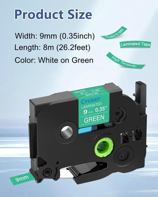 Alt view image 2 of 7 - Cruxer 40 Pack Replacement for P-Touch TZe-725 TZ-725 9mm 0.35" White Text on Green Laminated Label Tape Compatible with Ptouch PT-D200 PT-D210 PT-D400 PT-D450 PT-D600 PT-H100 1230PC Label Maker