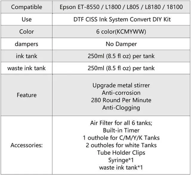 Alt view image 5 of 6 - DTF CISS Kit for ET-8550 L1800 L805, Dual White Tank Auto Stirrer