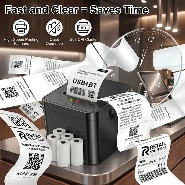 Alt view image 4 of 7 - 58mm Portable Thermal Printer with 5 Rolls, POS Receipt and Label Printer, Compatible with Android/Windows, On-the-Go Mobile Printing for Business, Delivery, and Logistics