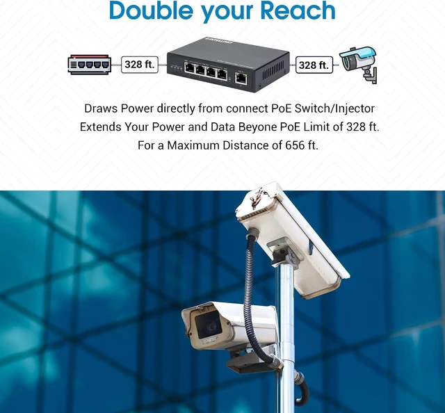 Alt view image 2 of 7 - Intellinet 4-Port Gigabit PoE++ Extender, 90W, 328 Ft Range, Metal