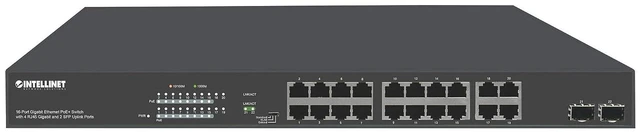 Main image of Intellinet 16 Port PoE+ Ethernet Switch with 4 RJ45 Gigabit and 2 SFP Uplink Ports - 300W Power Budget, Output up to 32W Per Port, Unmanaged, Wall Mountable/Desktop, VLAN Mode-3 Yr Mfg Warranty561419